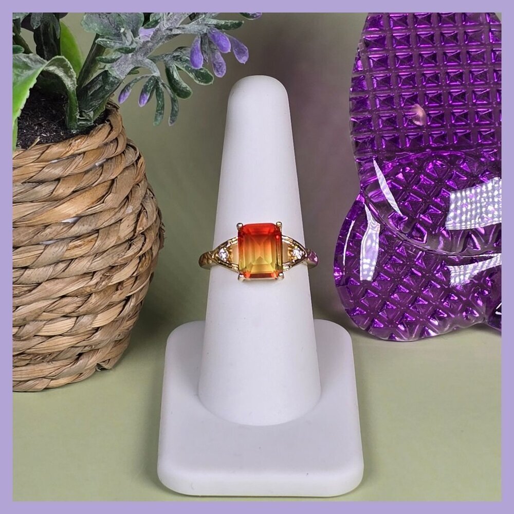 Gradient Orange-Yellow Emerald Cut Solitaire Golden Ring Size 7 (NWOT)